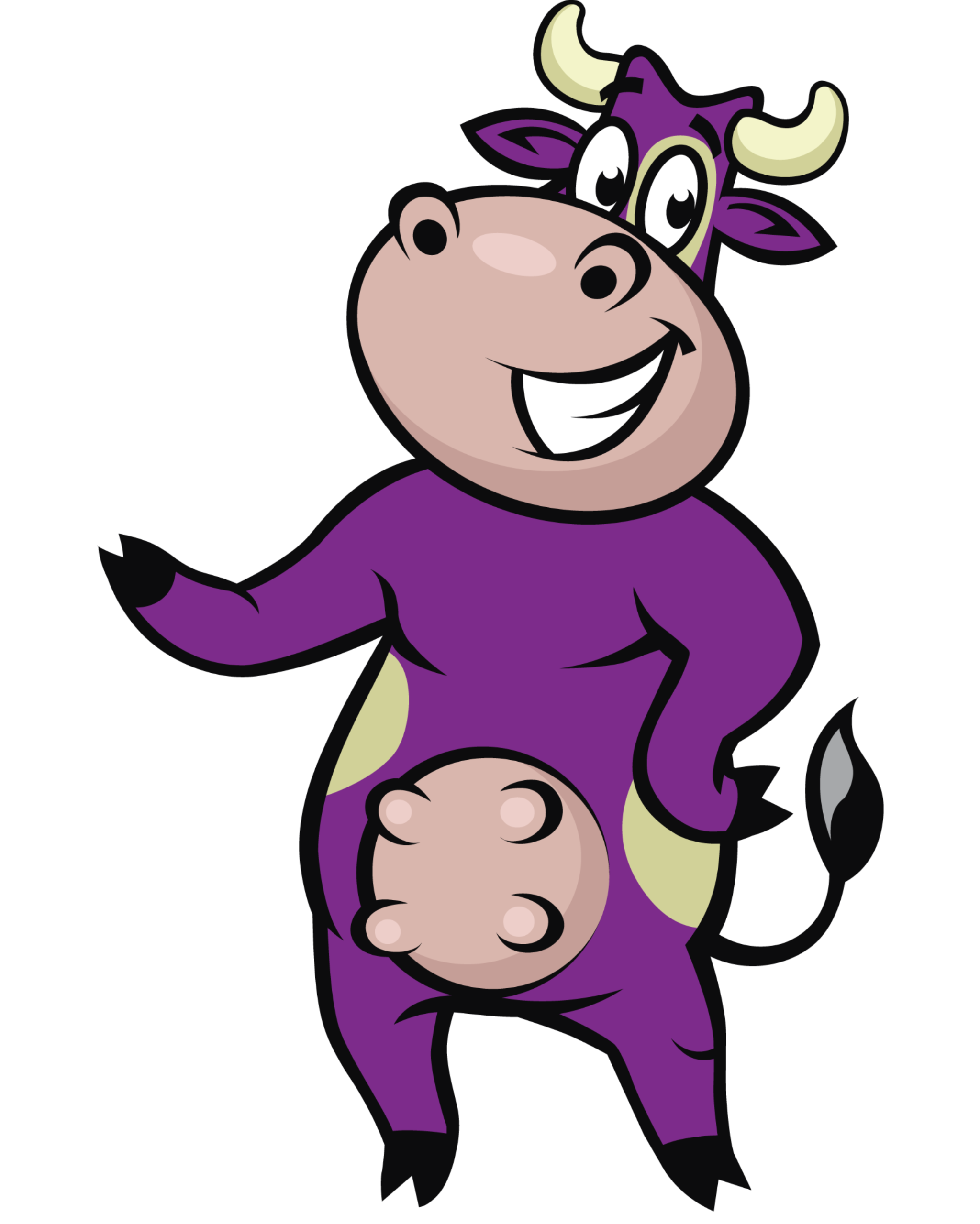 Bexie, the NETCONFIG purple cow, smiling with one arm held out